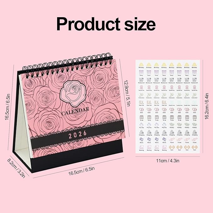 MultiBey Small Desk Calendar 2025-2026, Small 6.5"x6.5" Standing Flip Calendar for Desk, July 2025-Dec 2026, 18-Month Desktop Planner Year Monthly Calendars with To-Do Lists & Stickers (Rose)