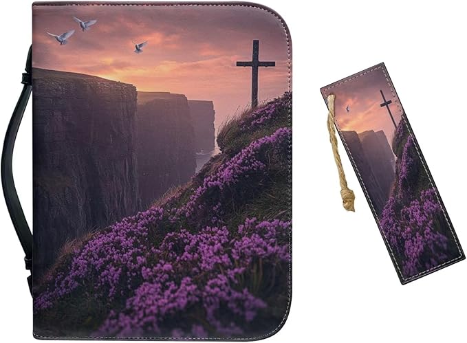 Purple Leather Bible Cover for Girls and Women, Book Case Church Bible Protective with Handle and Zippered Pocket,Cross White Dove and Lavender,Small