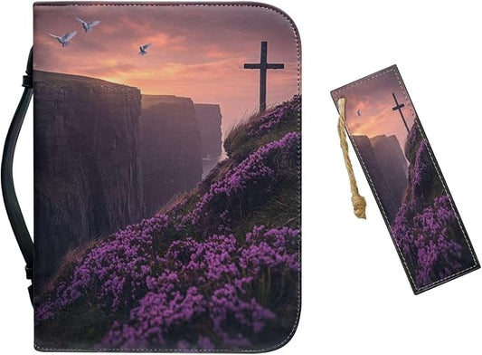 Purple Leather Bible Cover for Girls and Women, Book Case Church Bible Protective with Handle and Zippered Pocket,Cross White Dove and Lavender,Large
