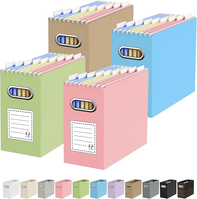 Oterri File Organizer Box, Portable Collapsible Cardboard File Folder Organizer with Handle for Letter Size Hanging Files, Document Storage Box for Home Office & Classroom (4 Packs, Mixed Colors)