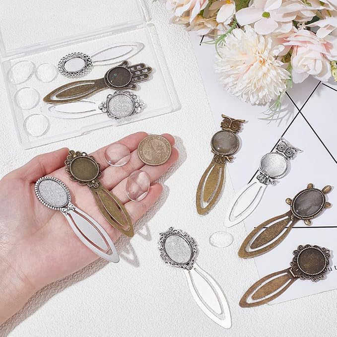 20Pcs 10 Styles Vintage Bookmark Pendant Tray Kit Include 10Pcs Oval Round Metal Bookmark Cabochon Setting with 10Pcs Clear Glass Cabochon Alloy Cabochons Book Mark Blank Bezels