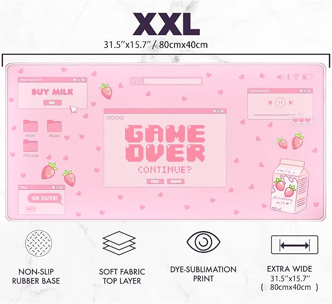 Pink Kawaii Anime Gaming Mouse Pad XXL, Strawberry Milk Mousepad Large, Aesthetic Laptop Keyboard Mats, Full Desk Mouse Mat for Women Girl 31.5X15.7 in