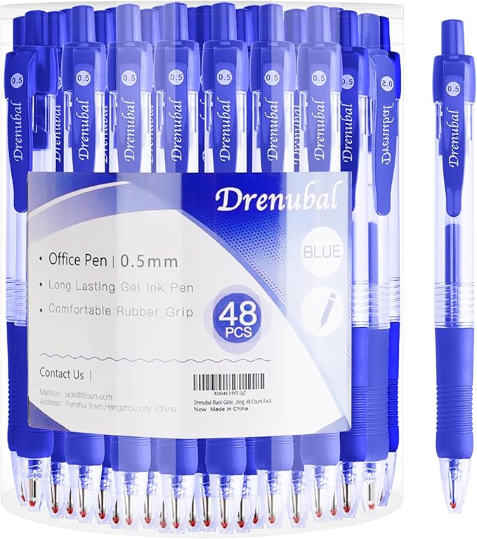 Gel Ink Pens, Medium Point (0.5mm), Comfortable Rubber Grip For Writing (48, Blue-48(no red))