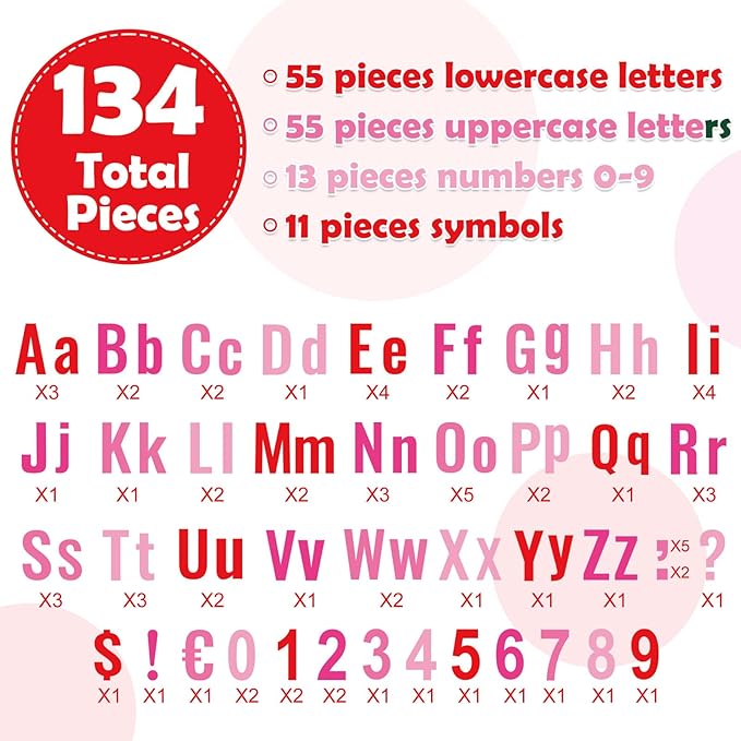 FYSUIMU 134 Pcs Valentine's Day Bulletin Board Letters Alphabet Number Symbol Paper Cutouts Pink Red Colored Decoration Letters Combo Set with 200 Pcs Glue Points for Home Classroom Party