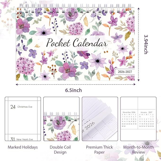 Phyxin Pocket Calendar 2026-2027, Pocket Calendar 2026 - Runs from January 2026 Until December 2027, 2026-2027 Monthly Planner-4.2" x 6.5", Pocket Planner with Coil for School Office Supplies, Purple