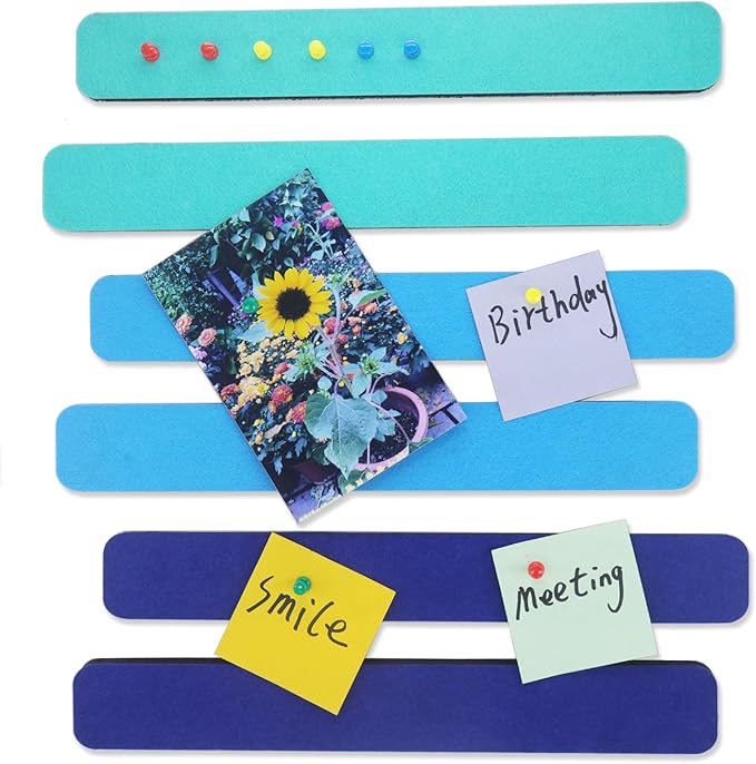 6Pcs Felt Bulletin Board Bar Strip 0.5 Inch Thick Self-Adhesive Pin Board Bar 13 Inch in Length with 35 Pushpins (3 Colors D)