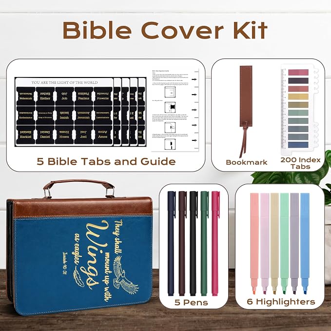 XKDOUS 20 Pcs Bible Cover Kit for Men Leather Book Carrying Case Church Bag Holder with Handle, Tabs, Pens, Study Supplies Christian Gift Father Day for Dad, Mom, Women, Friends