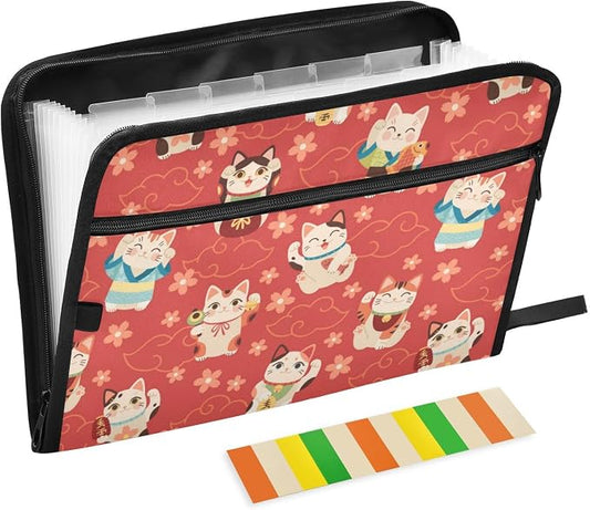 13 Pockets Expanding File Folder Japanese Maneki Cats Red with Sticky Labels Accordion File Folder Document Organizer Letter Size A4 Papers Expandable File Keeper