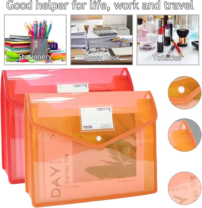 YoeeJob Plastic File Folders Legal Size 2 Pcs, Expandable Document Folder with Snap Button Closure, A4 Expanding File Wallet Envelopes Pouch with Label Pocket, Orange&Red