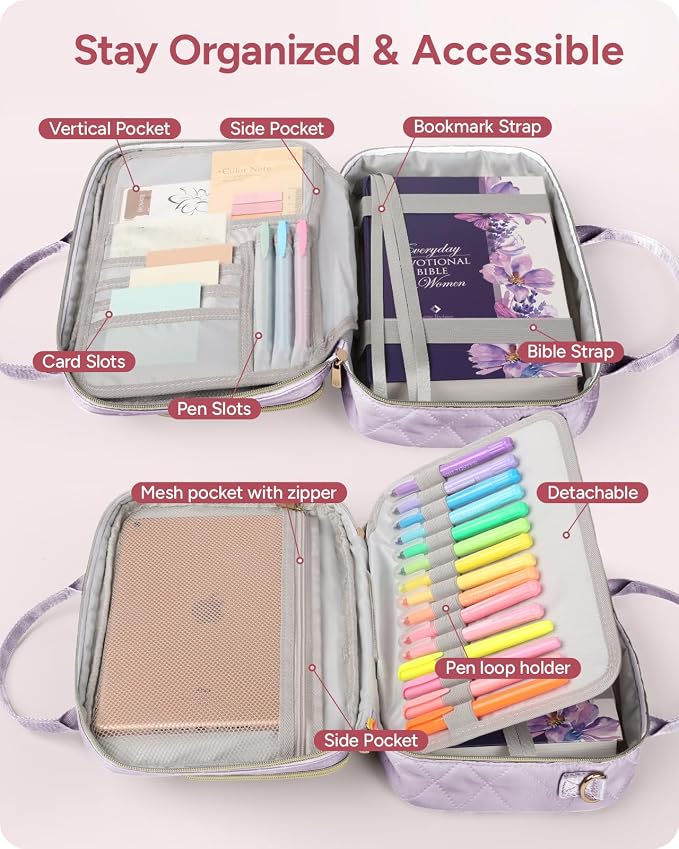 BellaHold All-in-One Bible Journaling Kit – Quilted Bible Cover Case for Women, 31 Highlighters, 75 Tabs, Bible Study Supplies & Christian Gift for Women and Teens (Shoulder Strap, Light Purple)
