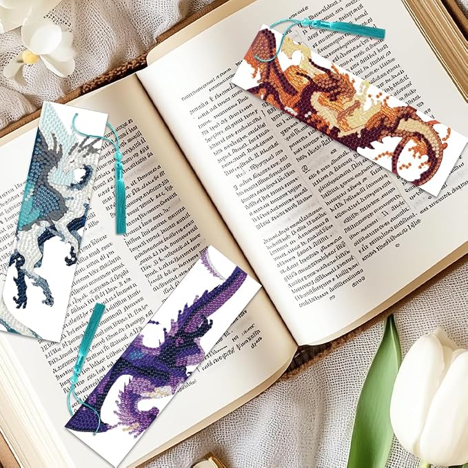 6Pcs Dragon 5D Diamond Art Bookmarks Multicolor Cartoon Animal Diamond DIY Painting Bookmarks Rhinestones Beaded Acrylic Tassel Bookmark for Adult Beginner Crafts