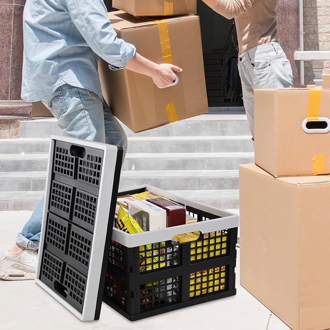 Esdiplot 3 Pack 34 L Large Plastic Collapsible Storage Crate, Folding Containers Bin Stackable Basket