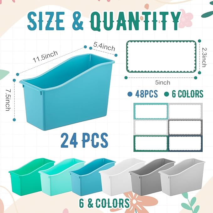 Geetery 24 Pcs Book Bin for Classroom with Labels Stackable Plastic Organizing Bins 11.5 x 5.4 x 7.5 in Book Holders Storage Bins Box Baskets for Classroom Library Home (Morandi Color)