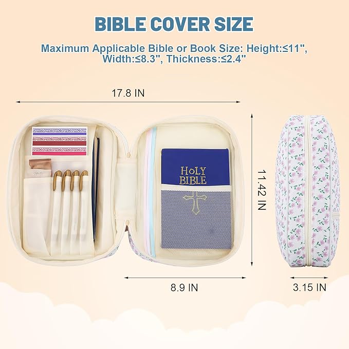 Dntorx Quilted Bible Cover Case for Women with Handle, Bible Bag with Zippered Pocket, Pink Floral Bible Case for Girls, Bible Study Supplies Kit, Large Size