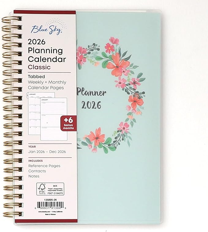 Blue Sky 2026 Weekly and Monthly Planner Calendar, January 2026 - December 2026, 5" x 8", Flexible Frosted Cover, Laminated Tabs, Durable Twin Wire Binding, Laurel