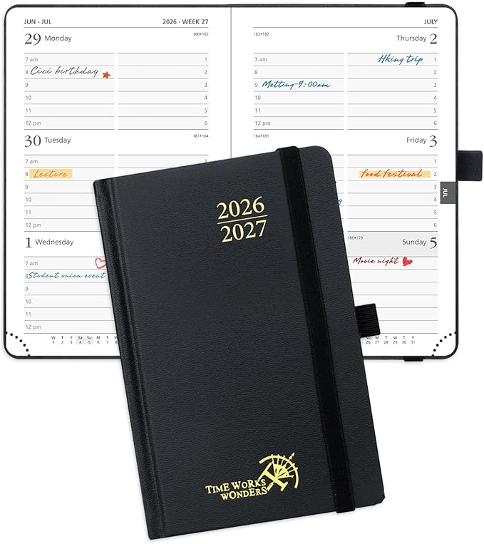 POPRUN 2026-2027 Academic Small Weekly Planner, 4" x 6.25" Purse Size Calendar, July 2026 to June 2027, Hardcover Appointment Book with Horizontal Layout, Hourly Time Slots - Black