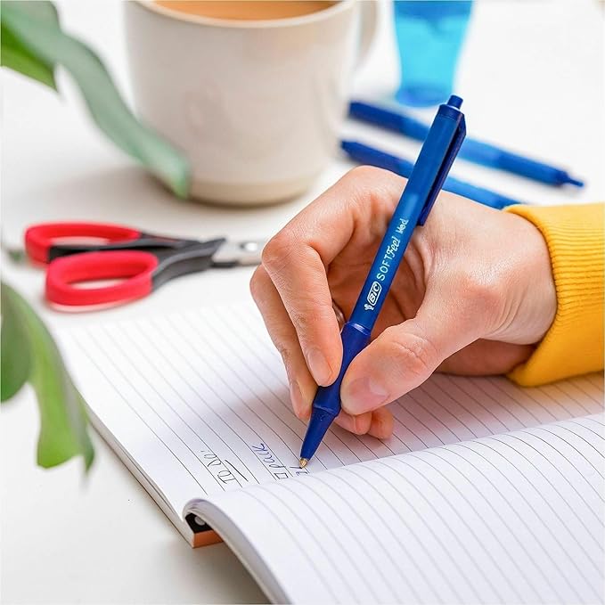 BIC(R Soft Feel(R) Retractable Ballpoint Pens, 1.0 mm, Medium Point, Blue Barrel, Blue Ink, Pack Of 12, BICSCSM11BE