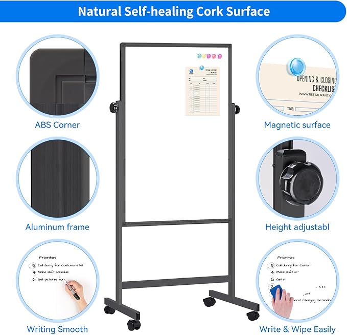 maxtek Rolling White Board, 48 x 32 Height Adjustable Whiteboard on Wheels, Large Magnetic Standing Mobile Easel Board, Double-Sided with Stand for Office, Home, and Classroom（Black）