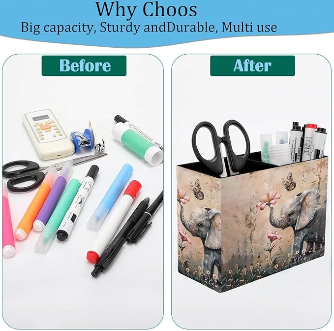 Pen Holder and Anti-Slip Mouse Pad Combination, Makeup Brush Storage Box, Tableware Storage Box, Suitable for Office and Home - Cute Little Elephant Flower