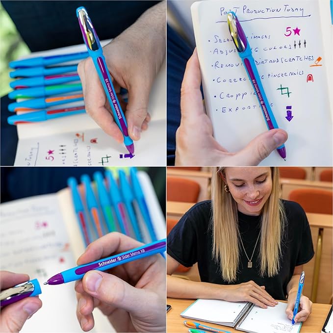 Schneider Slider Memo XB (Extra Broad) Ballpoint Pen, 1.4 mm, Light Blue Barrel, Violet Ink, Box of 10 Pens (150208)