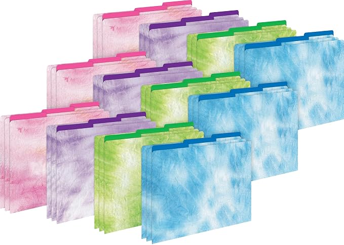 Barker Creek Designer File Folders on 14pt Stock, Tie-Dye and Ombré, Multi-Design Set with Tie-Dye Designs on Outside, Vibrant Ombré Colors on The Inside, Letter Size, 1/3 Cut Tabs, 36/Set (4403)