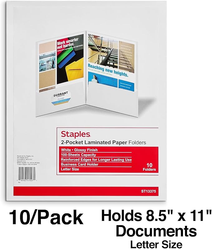 Staples 2-Pocket Laminated Presentation Folders, White – Durable School & Office Folders, 10-Pack