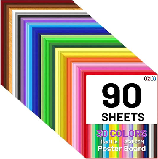 90 Pcs Colored Poster Board 30 Assorted Color Posterboard Paper Bulk 11 x 14in 250 GSM Thickness Cardstock Blank Smart Vision Board for School Drawing Craft Projects DIY Display Supplies