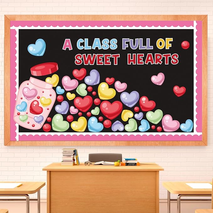 88Pcs Valentine‘s Day Bulletin Board Set Pink Heart Bottle Classroom Decorations Conversation Heart Paper Cutouts for Romantic Classroom Home Window Door Wall Decorations Party Supplies