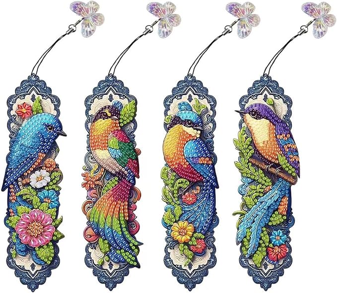 4pcs Bird Diamond Art Bookmarks,Diamond Painting Bookmark Kits for Adult,DIY Gem Art Small Crafts with Rhinestone Tassel,Paint by diamonds for Graduation Birthday Reader Gifts,For Book Lovers (Bird02)