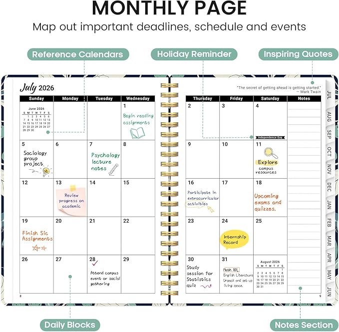 Planner 2026-2027, Academic Monthly and Weekly Calendar Planner for Women, July 2026 - June 2027, Hardcover Pretty Agenda Planner Book with Tabs, Spiral Daily Organizer for School Office Home Supplies, 6.3" x 8.5" - Botanic Berry