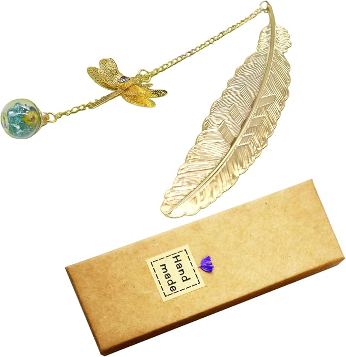 Metal Bookmark with Dragonfly Charms, Feather Book Marks with Pendants, Mothers Day Teacher Appreciation Gifts for Women Grils Mom Readers Book Lovers