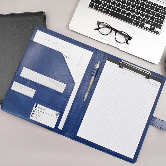 VANRA Padfolio Clipboard Folder Leather Portfolio Binder Organizer Interview Resume Folder for Papers Legal Document A4 Letter Size Writing Pad Notepad Clip Boards with Business Card Holder (Blue)