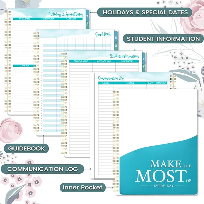 Teacher Planner 2026-2027 - 2026-2027 Weekly & Monthly Lesson Plan Book with Colorful Tabs, July 2026 - June 2027, 8.3" x 11", Academic Planner 2026-2027 with Twin-Wire Binding and Quotes for Teachers - Petunia