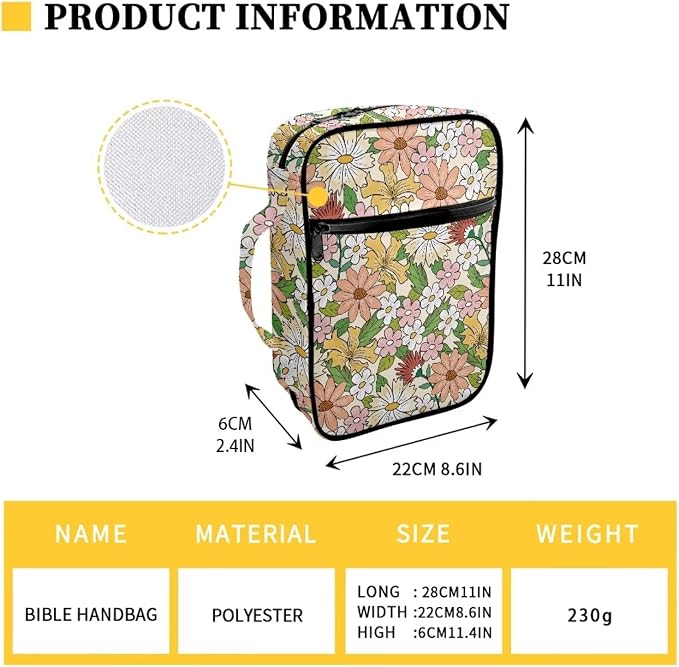Coldinair Flower Bible Cover for Women Daisy Floral Book Case Tote Bags Hippie Floral Polyester Church Bible Protective with Handle and Zippered Pocket Carrying Book Case