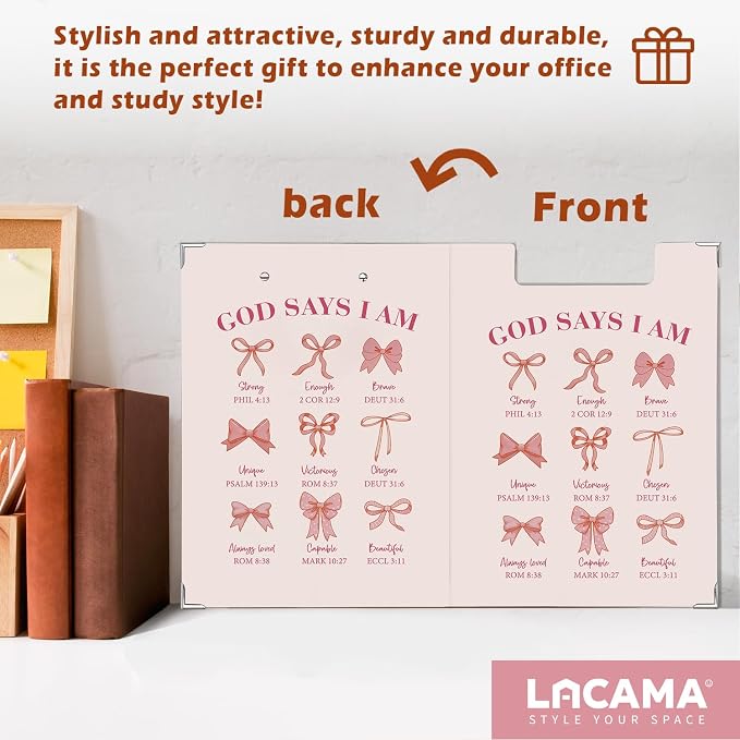 Lacama Bible Clipboard for Women Girls, Inspirational Christian School Supplies, Coquette Preppy Pink Bow God Says I Am Clipboard for Office Classroom Desk 12.4x9.25 in