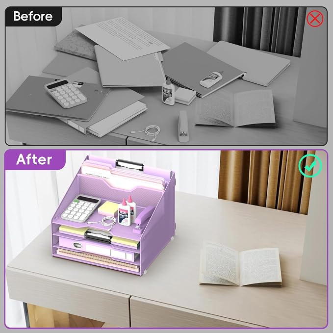 Desk File Organizer, Paper Organizer with 4 Letter Trays and 2 Vertical Upright Sections, Desk Organizers and Accessories for Office, School, Home (Purple)