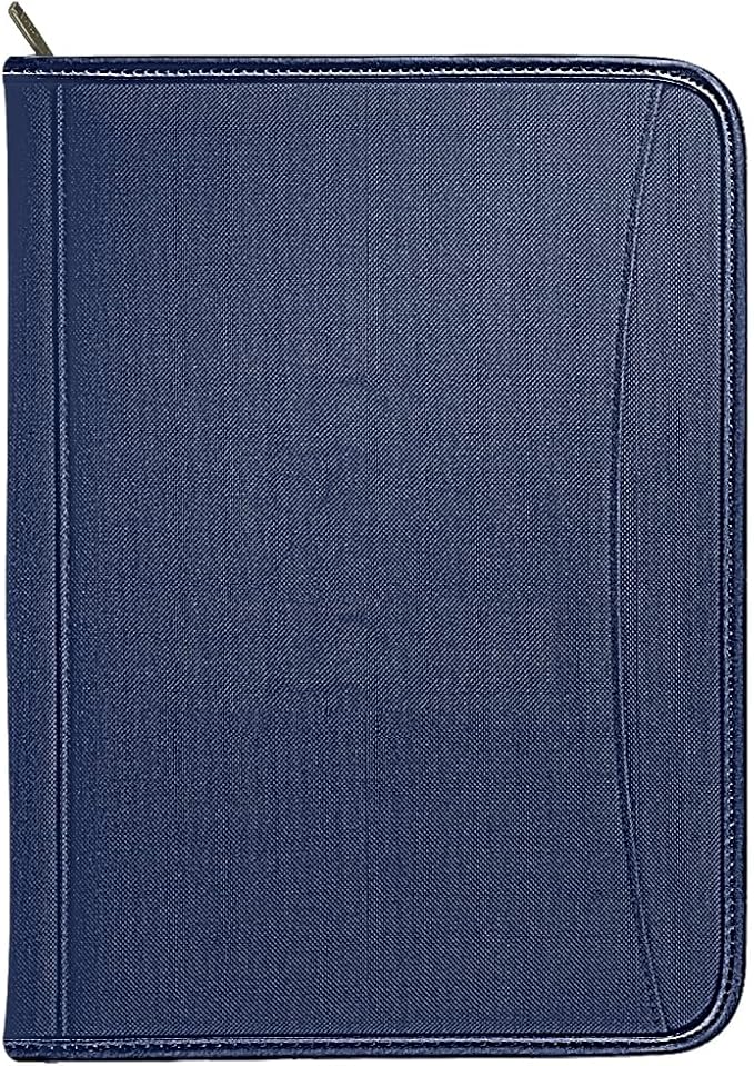Zippered Portfolio Organizer/ A4 Refillable Lined Writing Notepad Folder Case/Fabric-Covered Padfolio Binder with Interior Storage Pocket for Men Women, Navy Blue