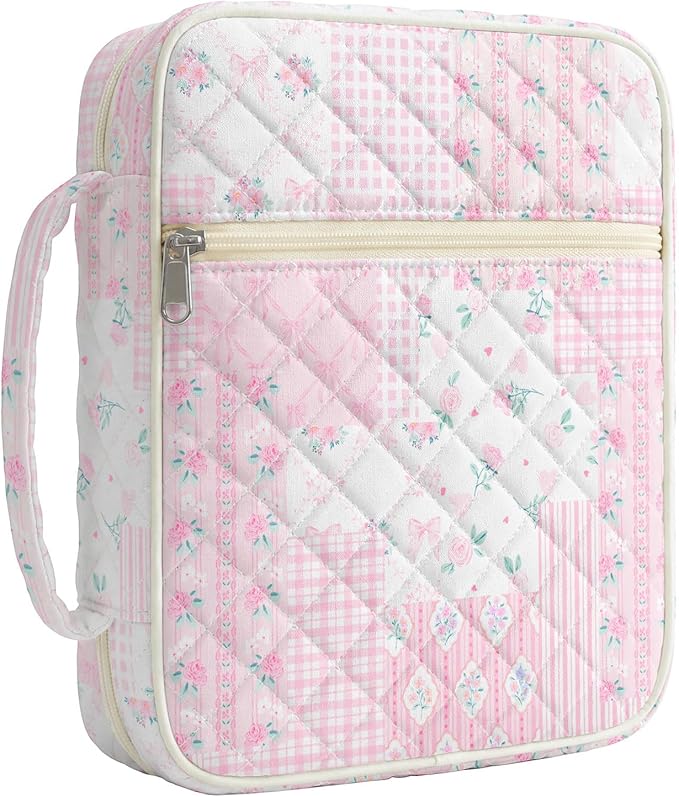 shirabags Quilted Bible Cover Case for Women - Elegant Cotton Bible Bag for Study, Church, Christian Gifts for Women (Pink Floral Bow Patchwork, M)