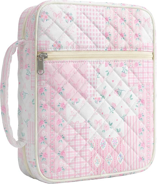 shirabags Quilted Bible Cover Case for Women - Elegant Cotton Bible Bag for Study, Church, Christian Gifts for Women (Pink Floral Bow Patchwork, M)
