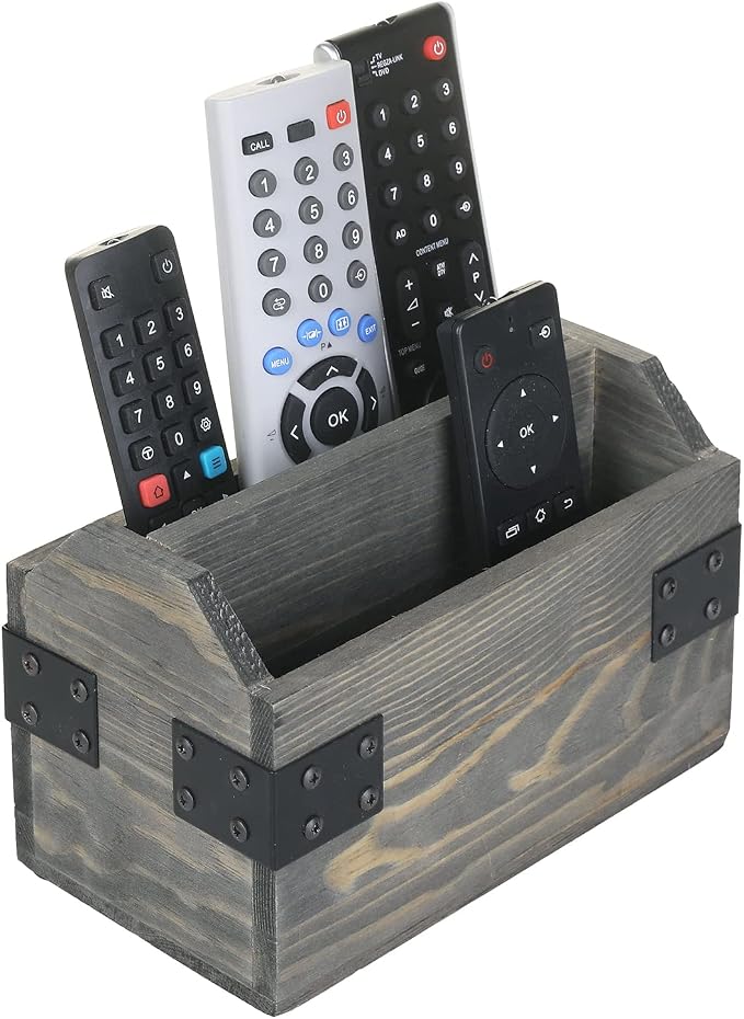 MyGift Vintage Gray Wood TV Remote Control Organizer Holder Storage Caddy for Table with 2 Compartments and Decorative Black Metal Wrap Accents