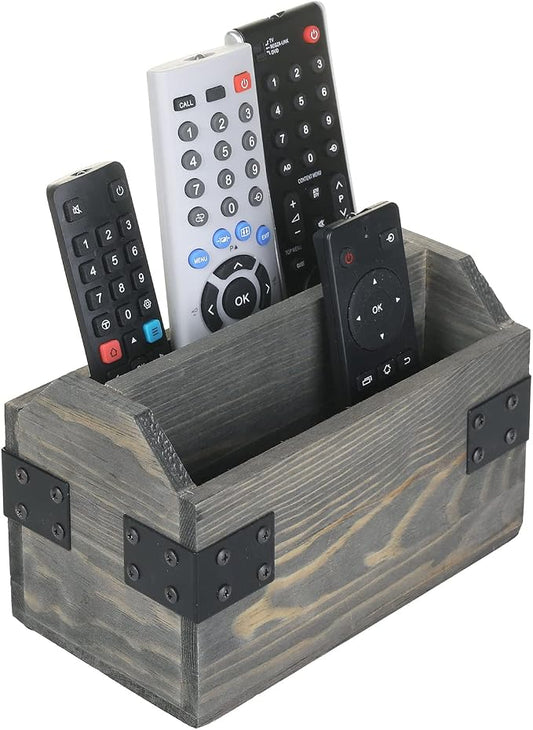 MyGift Vintage Gray Wood TV Remote Control Organizer Holder Storage Caddy for Table with 2 Compartments and Decorative Black Metal Wrap Accents