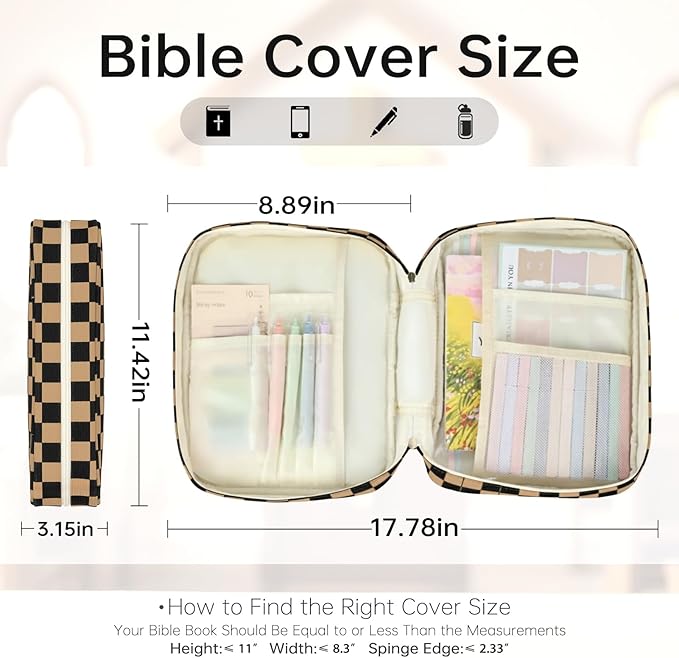 Bible Cover Case for Women Corduroy Bible Case for Girls Large Bible Cover with Handle Bible Study Supplies Accessories Christian Gifts for Women (Black Brown-Checkered, Medium)