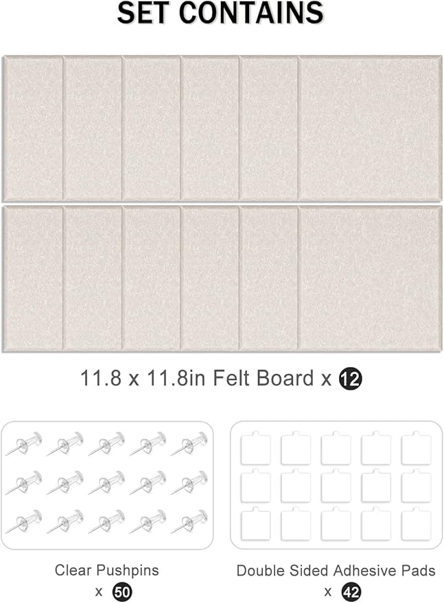 Hsurbtra Large Cork Board for Wall 47 x 36 Inch, 12 Pack Felt Bulletin Notice Board with Pushpins for Office Home School Farmhouse Wall Decor, Beige