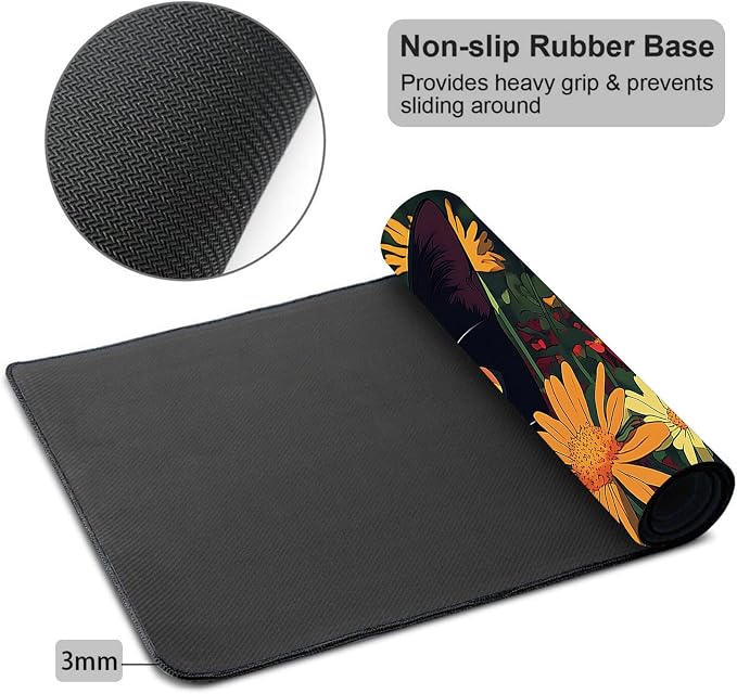 Mouse Pad Gaming Mousepad 31.5x11.8 Inch XXL Large + Coasters,Desk Mat with Stitched Edges, Non-Slip Rubber Base, Thick Mouse Pad for Computer, Laptop, Office & Home - Flowers Black Cat