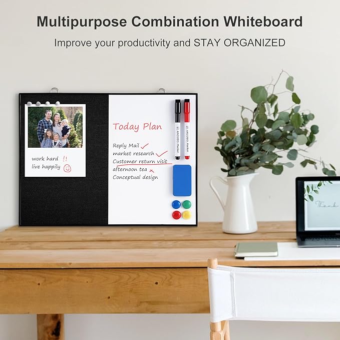 ARCOBIS Dry Erase Linen Board, 12"X16" Small Cork Board White Board Combination, Double-Sided Magnetic Bulletin Board for Wall, Vision Board for Home, Office, School, Black