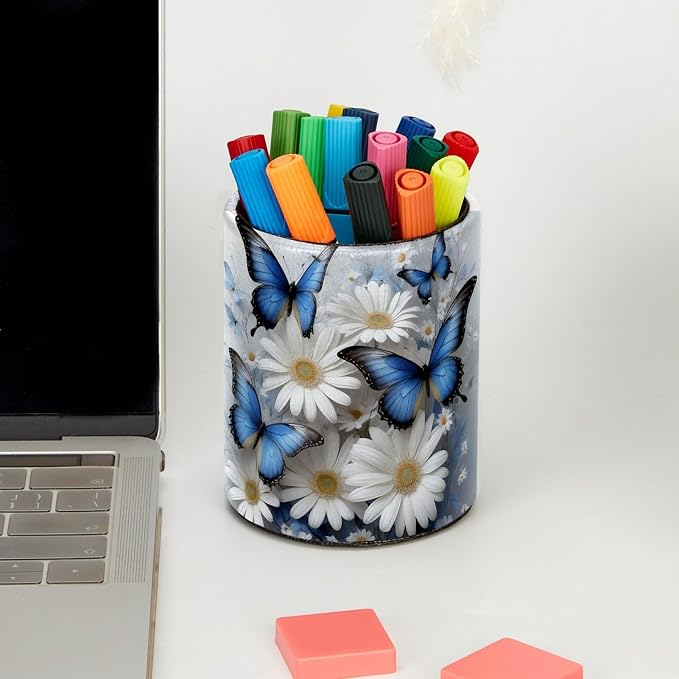Butterflies and Daisies Leather Pen Holder for Desk, Multifunctional Desktop Organizer Pencil Cup, Desktop Caddy Stationery Organizer for School Home Office Desk Accessories
