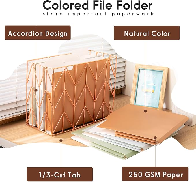 Y YOMA 6 Pack Extra Capacity File Folders Letter Size Accordion Decorative File Folder Cute Pretty Colored Filing Folder File Organizers for Office School Home Desktop with 1/3-Cut Tab, Natural Color