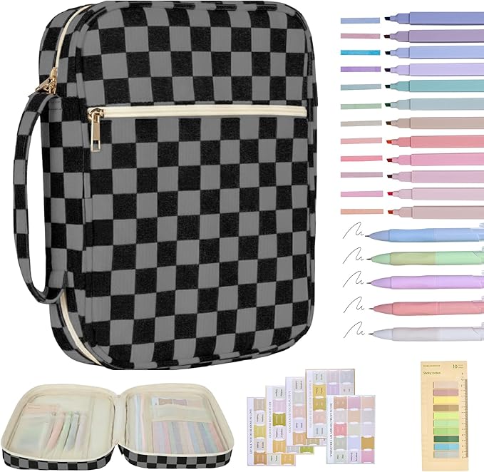 Bible Cover Case for Women Corduroy Bible Case for Girls Large Bible Cover with Handle Bible Study Supplies Accessories Christian Gifts for Women (Black Grey-Checkered, Medium)