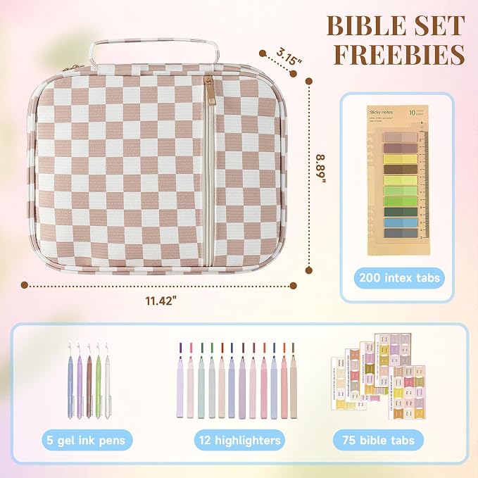 Bible Cover Case for Women Large Bible Tote Bags Organizer Quilted Carrying Case for Girls Bible Study Supplies Journaling Kit Pink Case Gifts for Women Friends