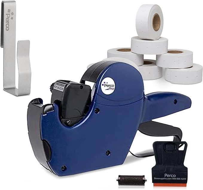 Perco Pro 2-Line Price Gun with Labels Kit - Includes 2-Line 16-Characters Price Labeler Gun, 10,500 Blank White Labels, a Label Scraper & a Pre-Loaded Ink Roll Bundled with Perco Labeler Gun Clip